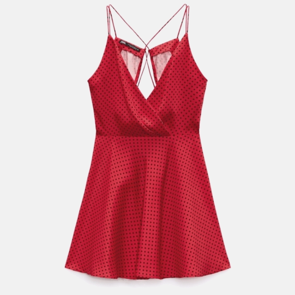 New Zara silk effect red polka dot lace up mini dress